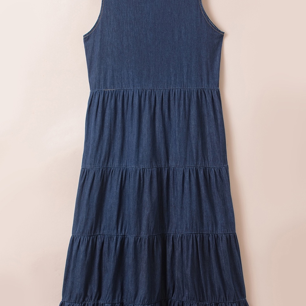 LAST ONE 🔥B124 Sleeveless Tiered Chambray Maxi Dress - Picture 3 of 4
